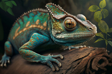 Obraz premium A realistic illustration of a close-up chameleon, symbolizing adaptability. AI generated.