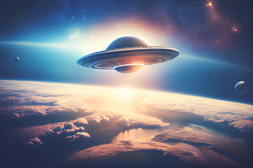 Naklejka na ściany i meble UFO flying over the Eart, illuminating the darkness as it hovers above the planet. 3D render illustration.