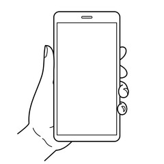 Line drawing of a person holding a cell phone and showing the screen