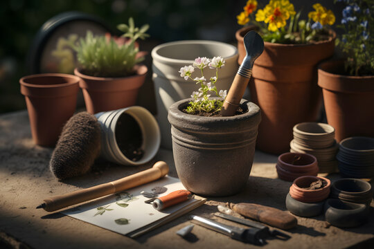 photo Gardening - Set Of Tools For Gardener And Flowerpots In Sunny Garden, photography made with Generative AI