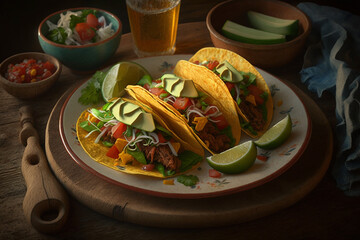 An illustration of a plate of tacos, symbolizing the savory and spicy flavors of Mexican cuisine. AI Generated.