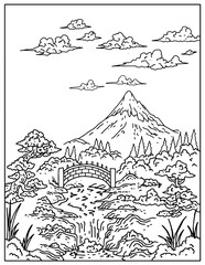 Naklejka premium Design Nature Landscape Outline Coloring Page