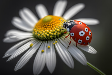 photo red ladybug on camomile flower, ladybird creeps on stem of plant in spring in garden in summer, photography made with Generative AI
