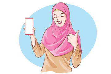 Cheerful Muslim Showing Blank Smartphone Against White Screen, Enjoying New Mobile Application or Website, Mockup, Vector cartoon.