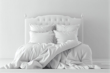 A minimalist bedroom bed with white clean linens, comfy pillows and a blanket, a copy place. Generative AI