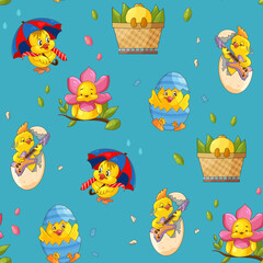 Seamless pattern with easter eggs and chickens