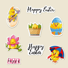 Fototapeta premium Set of Easter stickers with baby chick, small chicken birds, animal stickers, vector illustration