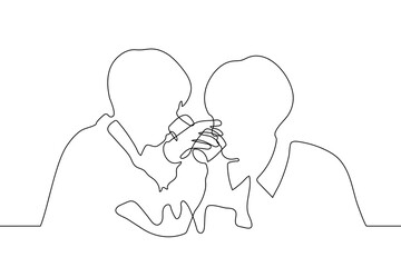 two men drink from glasses embracing their hands, they drink on a brudeschaft - one line drawing vector. the concept of drinking for friendship