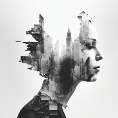 Double exposure of female silhouette and modern city skyline made with Generative AI