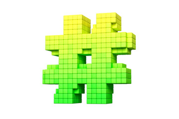 Obraz premium Pixel art style Hashtag symbol made of 3D cubes in yellow to green color scheme. High definition 3D rendering old school arcade concept font.