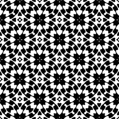 Vector geometric seamless pattern. Minimal ornamental background with abstract shapes. Black and white texture. Simple abstract ornament background. Dark repeat design for decor, fabric, cloth.