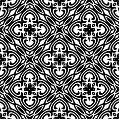 Vector geometric seamless pattern. Minimal ornamental background with abstract shapes. Black and white texture. Simple abstract ornament background. Dark repeat design for decor, fabric, cloth.