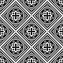 Vector geometric seamless pattern. Minimal ornamental background with abstract shapes. Black and white texture. Simple abstract ornament background. Dark repeat design for decor, fabric, cloth.