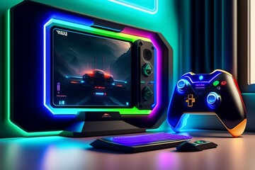 A gamer Gaming set up Cyberpunk , neon , futuristic , incredible quality 8k - Generative AI