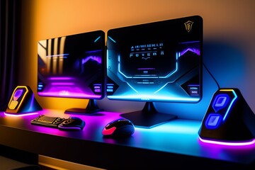A gamer Gaming set up Cyberpunk , neon , futuristic , incredible quality 8k - Generative AI