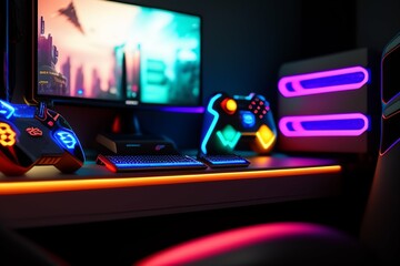 A gamer Gaming set up Cyberpunk , neon , futuristic , incredible quality 8k - Generative AI