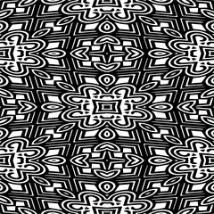 Vector geometric seamless pattern. Monochrome ornamental texture with smooth linear shapes, zigzag lines, lace pattern. Simple abstract ornament background. Dark repeat design for decor, fabric, cloth