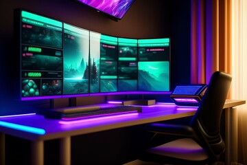 A gamer Gaming set up Cyberpunk , neon , futuristic , incredible quality 8k - Generative AI