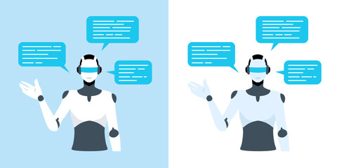 Vector illustration of a robot chatting, talking and guiding with artificial intelligence.