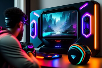 A gamer Gaming set up Cyberpunk , neon , futuristic , incredible quality 8k - Generative AI