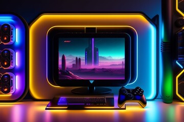 A gamer Gaming set up Cyberpunk , neon , futuristic , incredible quality 8k - Generative AI