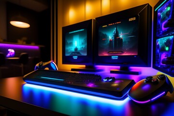 A gamer Gaming set up Cyberpunk , neon , futuristic , incredible quality 8k - Generative AI
