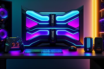 A gamer Gaming set up Cyberpunk , neon , futuristic , incredible quality 8k - Generative AI