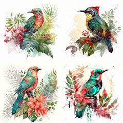 Exotic Beauty Bird on the Tropical Leaves with Red Flowers, Colorful Bird on Tropical Leaves