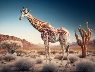 giraffe in the wild enjoys nature, Bright sky,desert sight,Sahara, hot Atmosphere, HQ landscape, photorealistic, ultra photoreal, ultra-detailed, blur, 4K, Animal Wallpaper, wildlife Background, AI