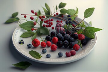 berries lying on a beautiful plate, white background, high definition, - Photorealistic, Closeup, High Angle, sharp focus, ultra realistic, cinematic lighting, octane render, unrea AI Generated
