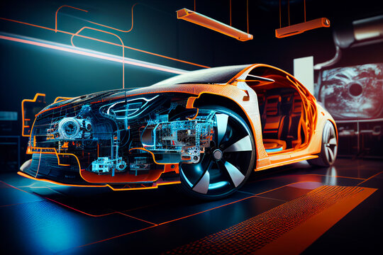 Group of Automobile Design Engineers Working in Virtual Reality 3D Model Prototype of Electric Car Chassis. Automotive Innovation Facility: 3D Concept Vehicle Generative AI