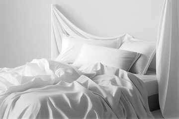 A minimalist bedroom bed with white clean linens, comfy pillows and a blanket, a copy place. Generative AI