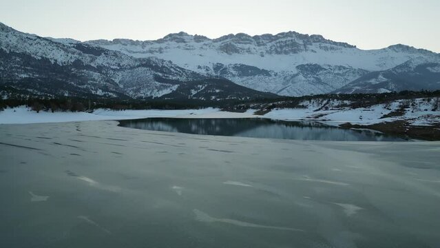 sunset time on frozen lake, wonderful nature and amazing mountains