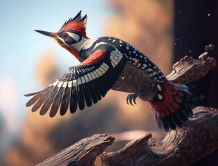 A wild animal Woodpecker flying  in the air enjoying nature, Bright sky, Safe Atmosphere, HD landscape, photorealistic, Children's Stories, blur, 4K, Animal Wallpaper, AI