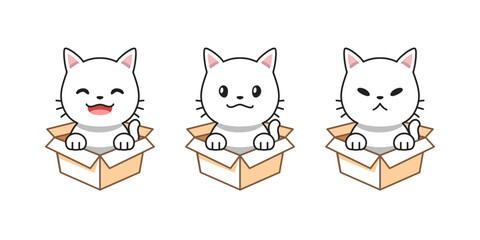 Vector cartoon illustration set of white cat showing different emotions in cardboard boxes for design.
