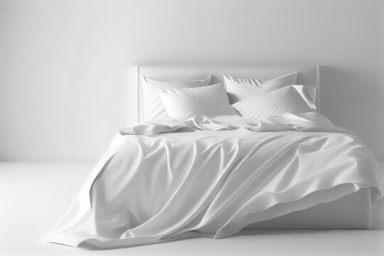 A minimalist bedroom bed with white clean linens, comfy pillows and a blanket, a copy place. Generative AI