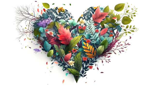 Heart shaped with leaves and colored flowers on a white background. AI technology generated image
