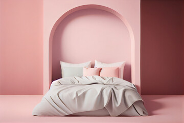 Fototapeta na wymiar A minimalist bedroom bed with white clean linens, comfy pillows and quilt on a pink delicate wall background, a copy place. Generative AI