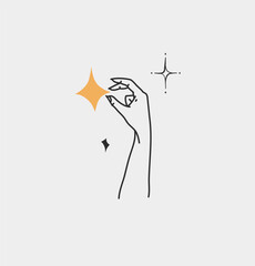 Hand drawn vector abstract outline,graphic,line art magic human hand with moon and stars logo in minimalistic modern style.Moon and stars sign outline design concept.Outline moon silhouette isolated.