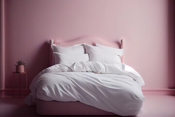A minimalist bedroom bed with white clean linens, comfy pillows and quilt on a pink delicate wall background, a copy place. Generative AI