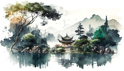 landscape and natural scenery in watercolor style. AI technology generated image，