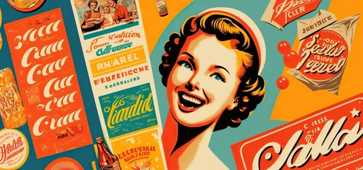 Schilderijen op glas montage of vintage advertisements magazines and posters with bright and bold colors, concept of Retro Style and Nostalgic Memories, created with Generative AI technology © koldunova