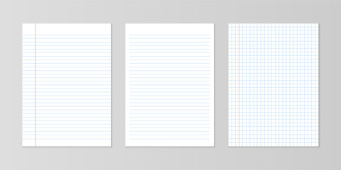 Set of realistic vector illustrations of square, notebook sheet and lined paper sheets of blocks isolated on gray background.