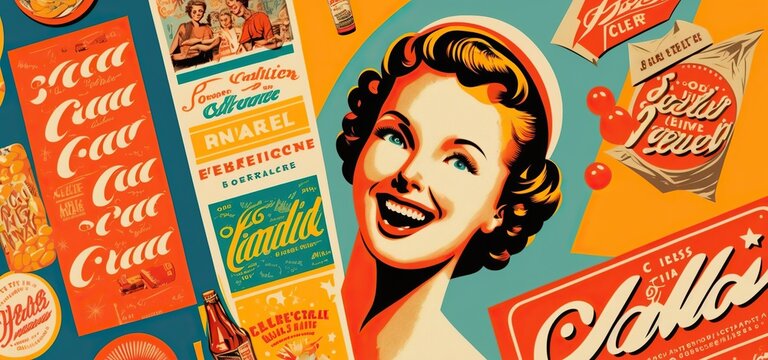 Fototapeta montage of vintage advertisements magazines and posters with bright and bold colors, concept of Retro Style and Nostalgic Memories, created with Generative AI technology