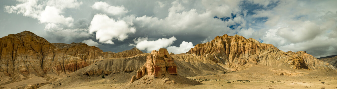 Ruins Of An Ancient Buddhist Chorten Accent The Spectacular Landscape Of Upper Mustang, Nepal