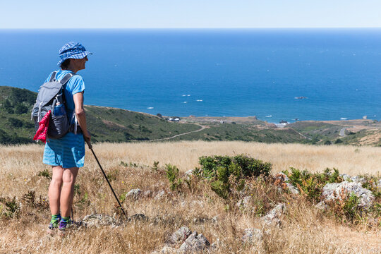 A female hiker looks down from the Pomo Canyon Red Hill Trail in Sonoma County.