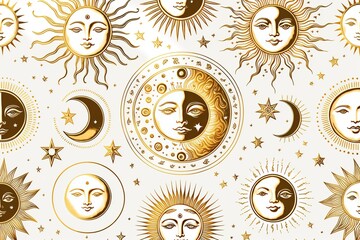 Drawing of golden stars, moon, planets, constellations on a white isolated background, mystical drawing to tarot cards, fantasy magic space. Generative AI