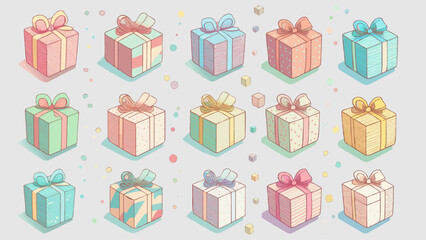 Gift boxes with various pastel color and pattern of wrapping paper (with colorful ornaments) in set of vector
