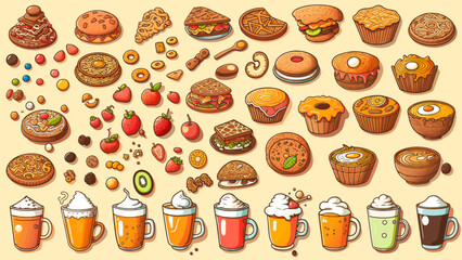 Many of Food, Beverage, Fruit, Doodle style in vector (Pizza, Croissant, Bread, Noodle, Hamburger, Beer, Coffee, Strawberry, Kiwi and Chocolate)