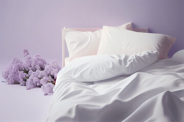 A minimalist bedroom bed with white clean linens, comfy pillows and quilt on a purple delicate background of lilac walls, a copy place. Generative AI